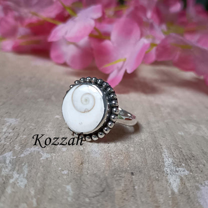 Shiva Eye Shell Ring | Sterling Silver Spiral Jewelry | Beaded Edge Boho Cowrie Ring | Natural Ocean Statement Gift