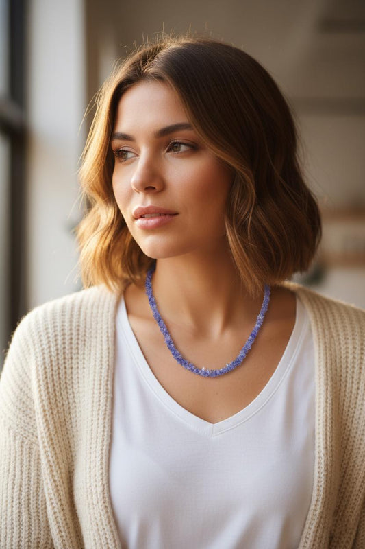 Natural Tanzanite Nugget Necklace, Raw Tanzanite Chip Jewelry, Rough Gemstone Choker, Blue Violet Crystal Healing Gift, December Birthstone