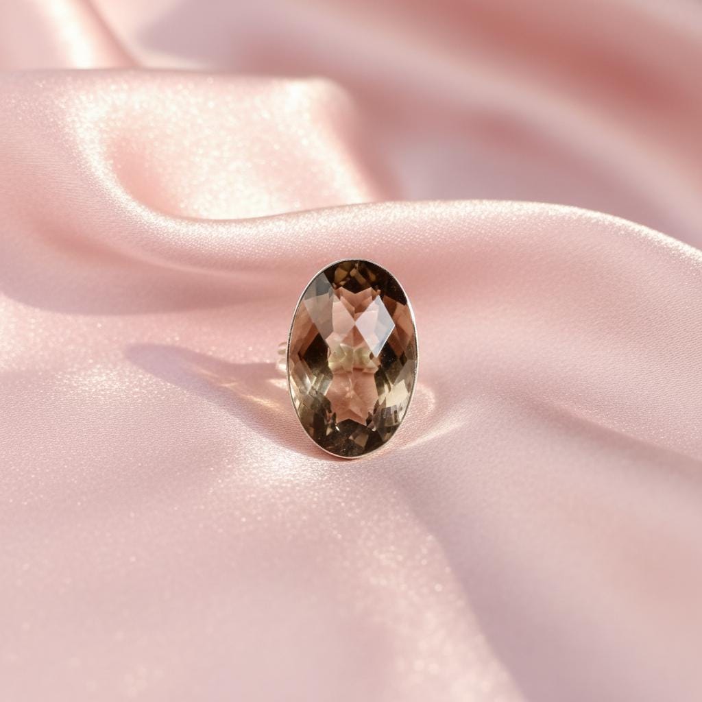 Smoky Quartz Ring, Boho Healing Crystal Ring, Oval Faceted Gemstone, Spiritual Gift for Her
