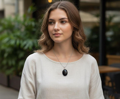 Black Onyx Pendant in Sterling Silver | Handmade Natural Gemstone Necklace | Oval Onyx Jewelry | Protective Healing Pendant | Gift for Her