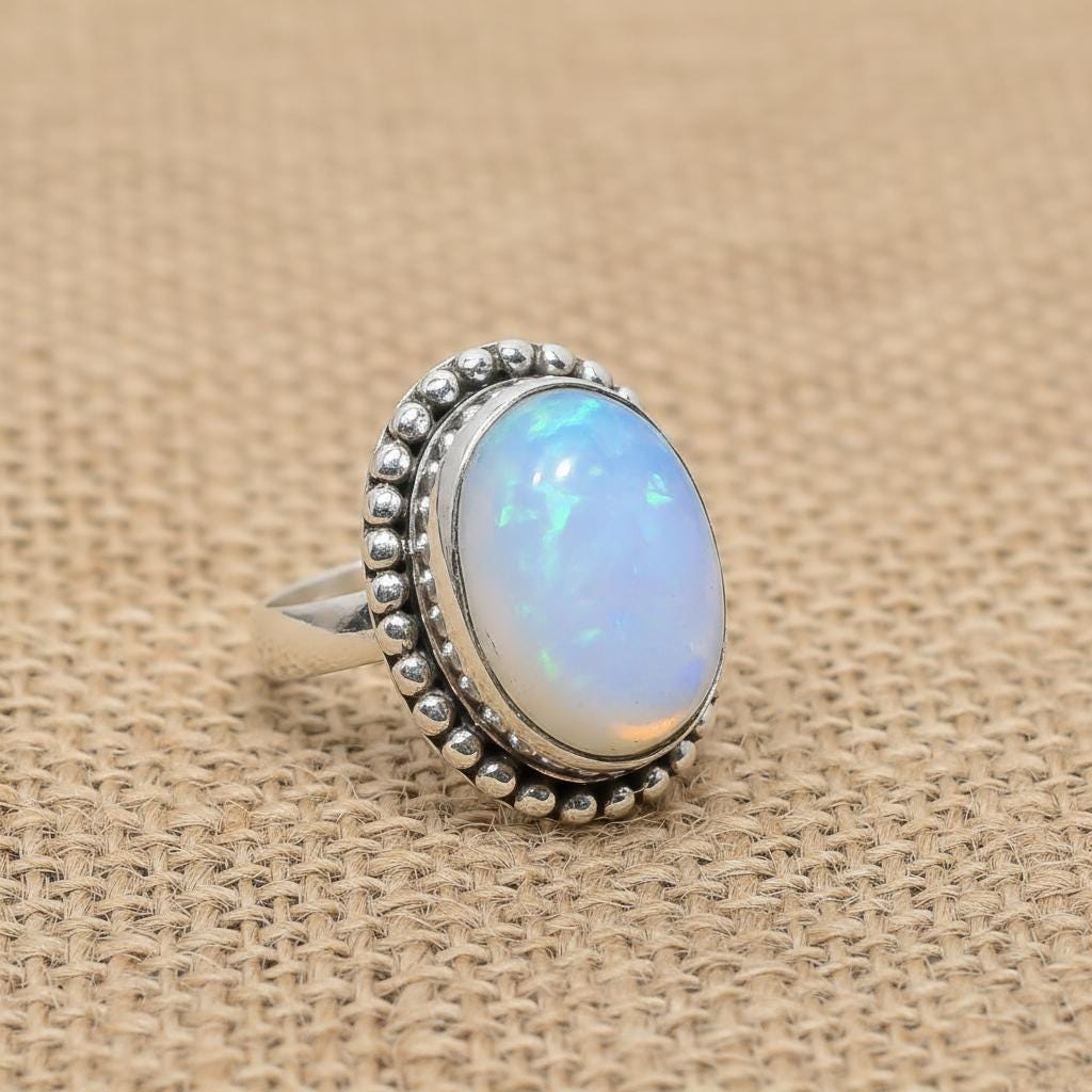 Natural Opal Sterling Silver Ring - Handmade Dainty Opal Gemstone Ring for Women | 925 Sterling Silver Ring- Unique Dainty Bezel Set Jewelry