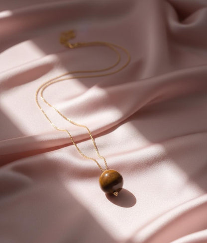 Dainty Tiger's Eye Ball Necklace Gold Plated | Minimalist Large Round Gemstone Pendant | Everyday Layering Jewelry | Gold Chain | Gift her