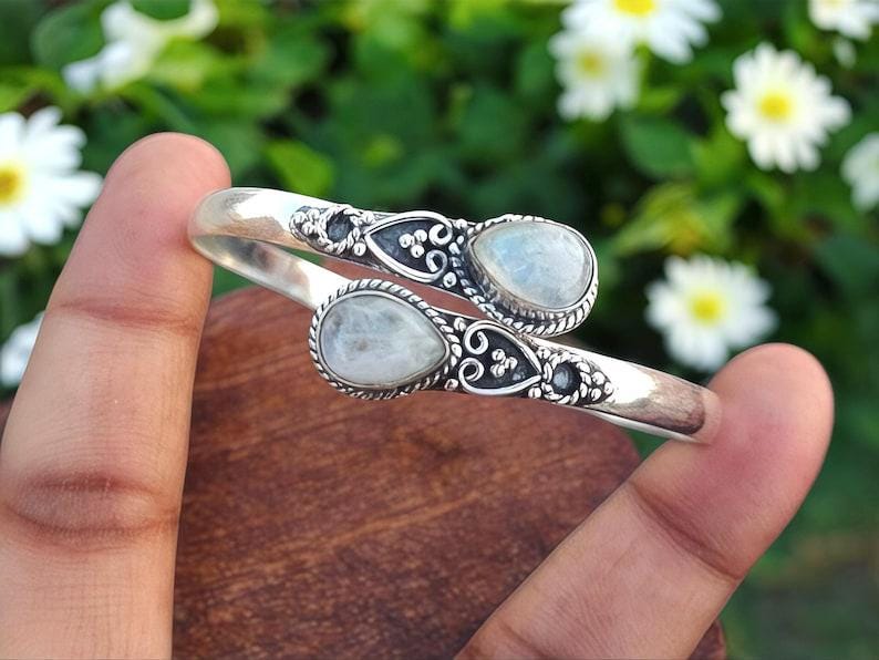 Handmade Silver Moonstone Bangle - Ornate Sterling Silver Cuff Bracelet | Bohemian Moonstone Teardrop Bangle - Artisanal Silver Gemstone