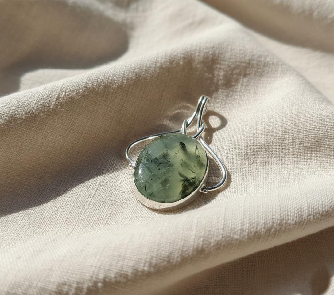 Prehnite and Actinolite Oval Silver Pendant, Handmade Pendant, Transparent Pendant, Beautiful Pendant, Gift for her, Prehnite pendant, Gift