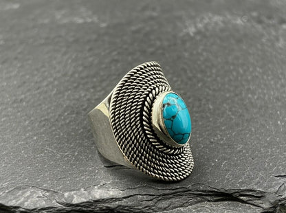 Statement Turquoise Ring | Sterling Silver Filigree Ring | Boho Chic Oval Ring | Bohemian Turquoise Ring | Artisan Silver Statement Ring
