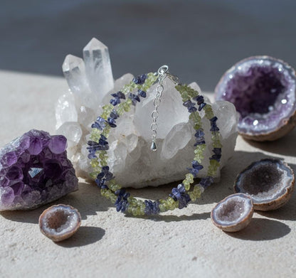 Peridot and Iolite Chip Bracelet | Double Strand Gemstone Bracelet | Green & Blue Natural Crystal Jewelry | Healing Stone Gift for Her