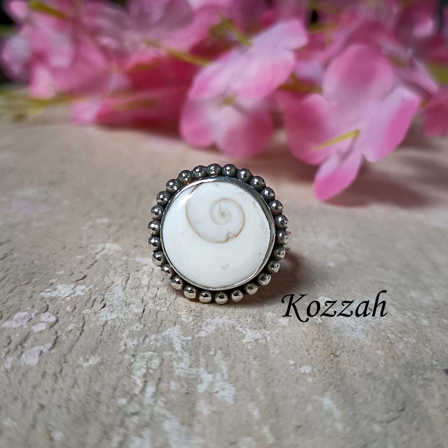 Shiva Eye Shell Ring | Sterling Silver Spiral Jewelry | Beaded Edge Boho Cowrie Ring | Natural Ocean Statement Gift