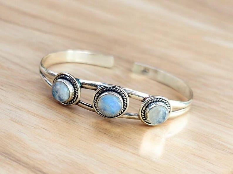 Triple Moonstone Sterling Silver Cuff Bracelet | Three Stone Oval Bangle | Vintage Style Gemstone Statement Jewelry | Christmas Gift | Gift