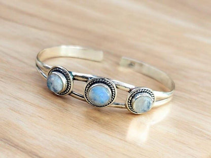 Triple Moonstone Sterling Silver Cuff Bracelet | Three Stone Oval Bangle | Vintage Style Gemstone Statement Jewelry | Christmas Gift | Gift