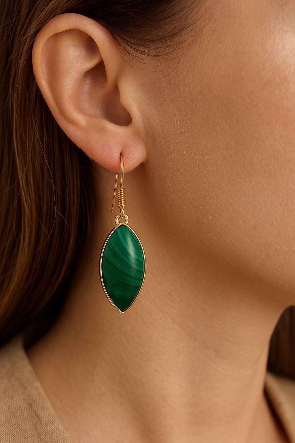 14K Gold Malachite Earrings: Elegant Green Gemstone Dangle