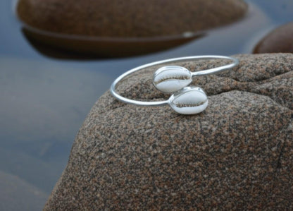 Sterling Silver Cowrie Shell Bangle | Boho Beach Jewelry | Handmade Nautical Bracelet | Gift for Her, Christmas Gift