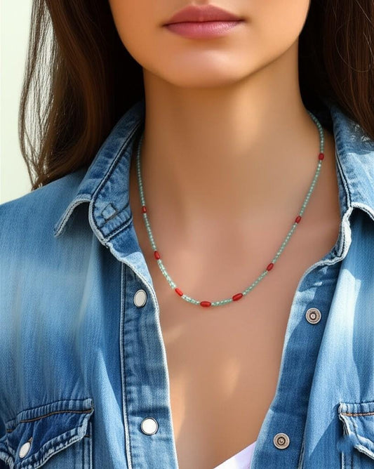 Apatite Necklace, Coral Beaded Necklace, Statement Jewelry, Handmade Jewelry, Natural Stone Jewelry, Beaded Necklace for Women, Gift for her