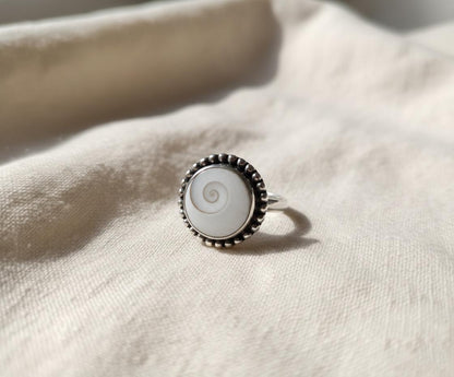 Shiva Eye Shell Ring | Sterling Silver Spiral Jewelry | Beaded Edge Boho Cowrie Ring | Natural Ocean Statement Gift