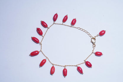 Red Coral Dangle Bracelet Gold Plated | Delicate Nugget Charm Chain | Mediterranean Minimalist Summer Jewelry | Ankle Bracelets Gift for her