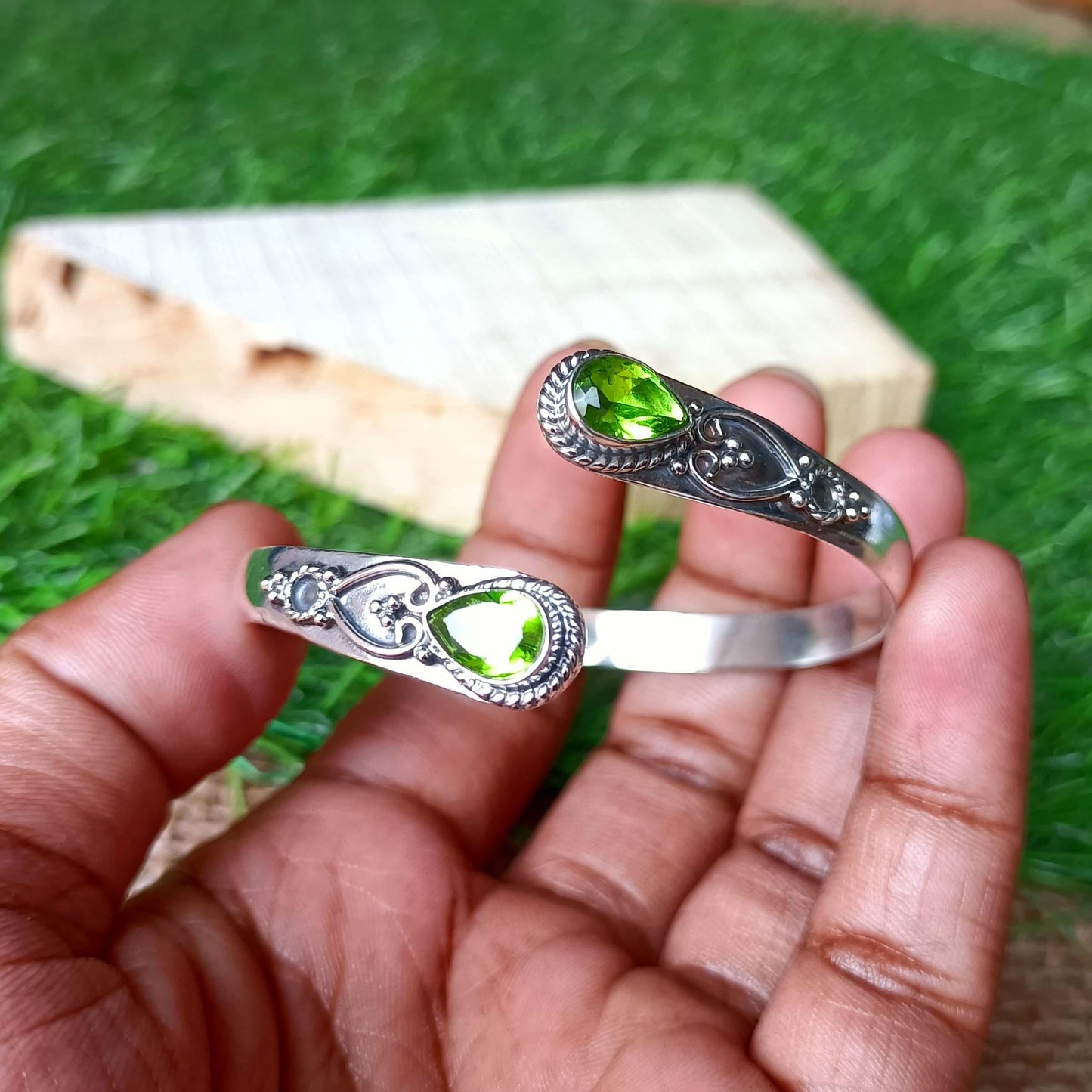 Handmade Silver Peridot Bangle - Ornate Sterling Silver Cuff | Artisanal Peridot Teardrop Bangle - Bohemian Silver Gemstone Bracelet