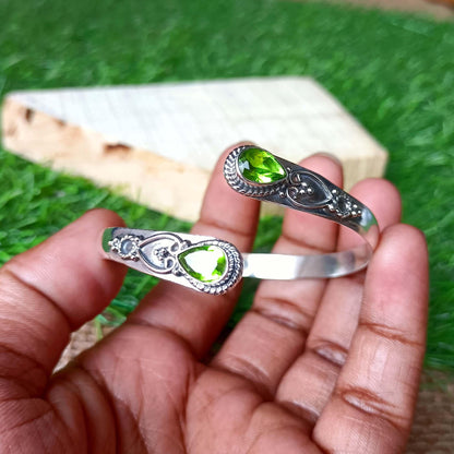 Handmade Silver Peridot Bangle - Ornate Sterling Silver Cuff | Artisanal Peridot Teardrop Bangle - Bohemian Silver Gemstone Bracelet
