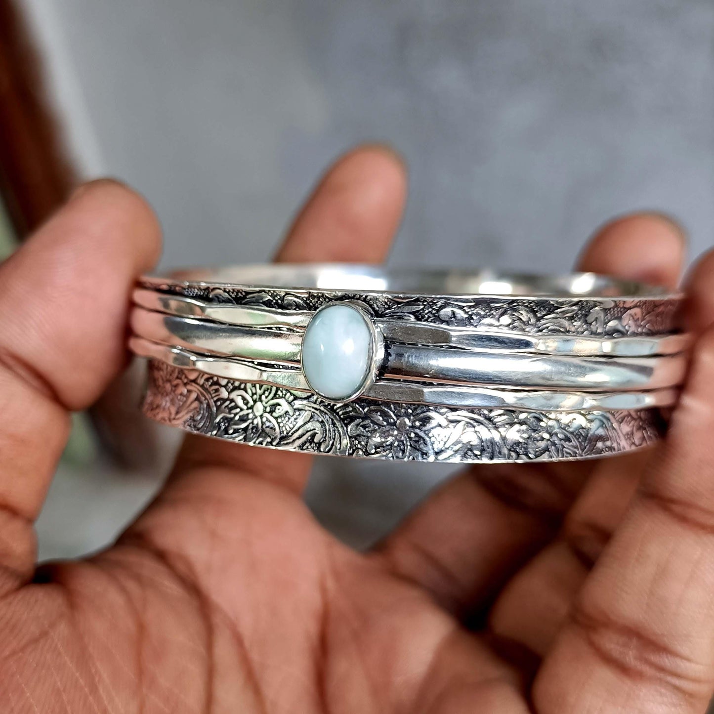 Larimar Bangle, Spinner Bangle, 925 Silver Bangle, Gemstone Bangle, Natural Larimar, Handmade Bangle, Fidget Bangle, Bohemian Bangle, Gift