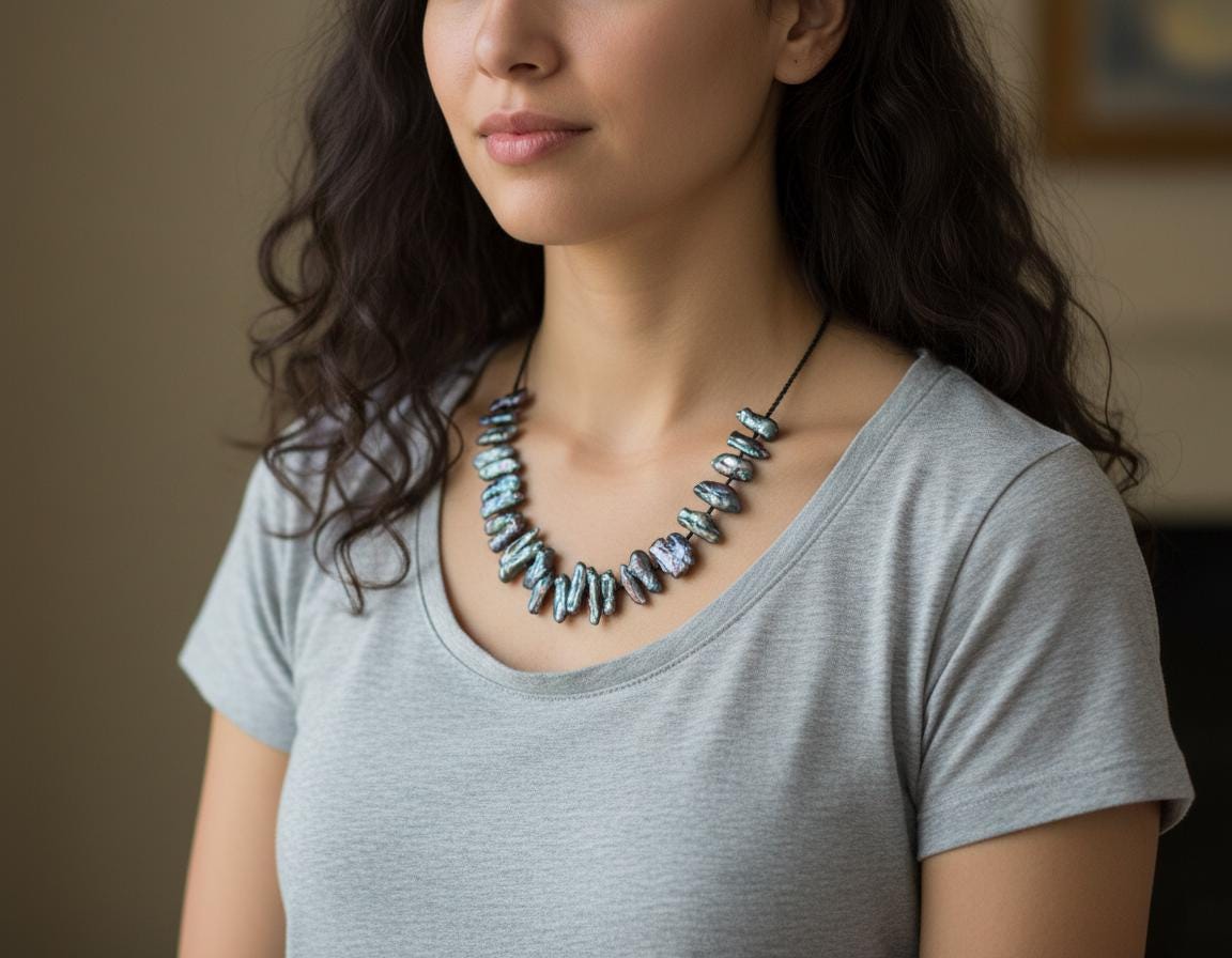 Peacock Barupearl Necklace, Black Spinel Necklace, Handmade Necklace, Pearl Necklace, Unique Necklace, Gold Plated Necklace, Teeth Necklace