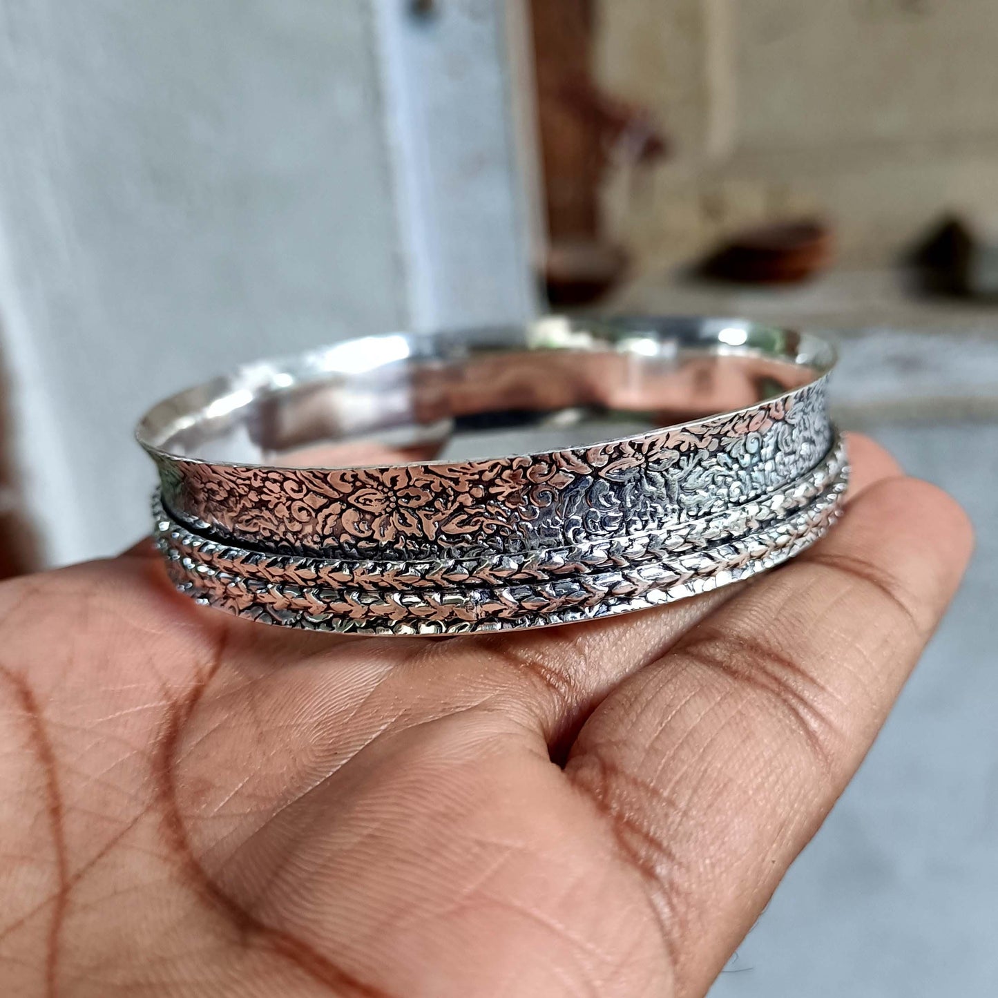 Silver Spinner Bangle, Sterling Silver Meditation Ring, Engraved Worry Bangle, Anxiety Relief Jewelry, Wide Band Boho Gift for Her
