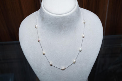 Delicate White Rice Pearl Necklace: Sterling Silver Chain, Minimalist Jewelry