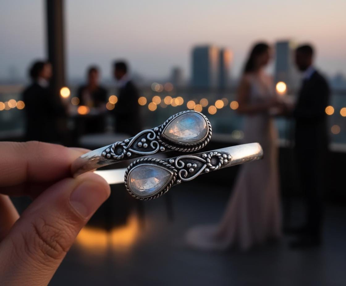 Handmade Silver Moonstone Bangle - Ornate Sterling Silver Cuff Bracelet | Bohemian Moonstone Teardrop Bangle - Artisanal Silver Gemstone