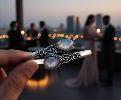 Handmade Silver Moonstone Bangle - Ornate Sterling Silver Cuff Bracelet | Bohemian Moonstone Teardrop Bangle - Artisanal Silver Gemstone