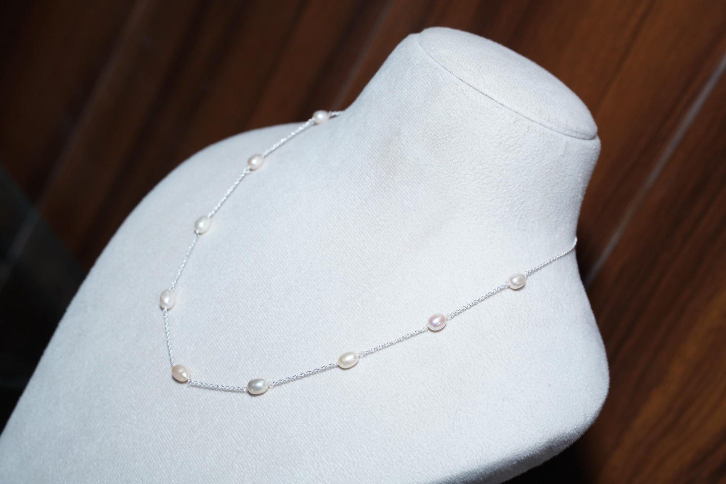 Delicate White Rice Pearl Necklace: Sterling Silver Chain, Minimalist Jewelry