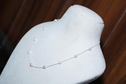 Delicate White Rice Pearl Necklace: Sterling Silver Chain, Minimalist Jewelry