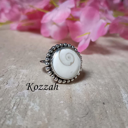 Shiva Eye Shell Ring | Sterling Silver Spiral Jewelry | Beaded Edge Boho Cowrie Ring | Natural Ocean Statement Gift