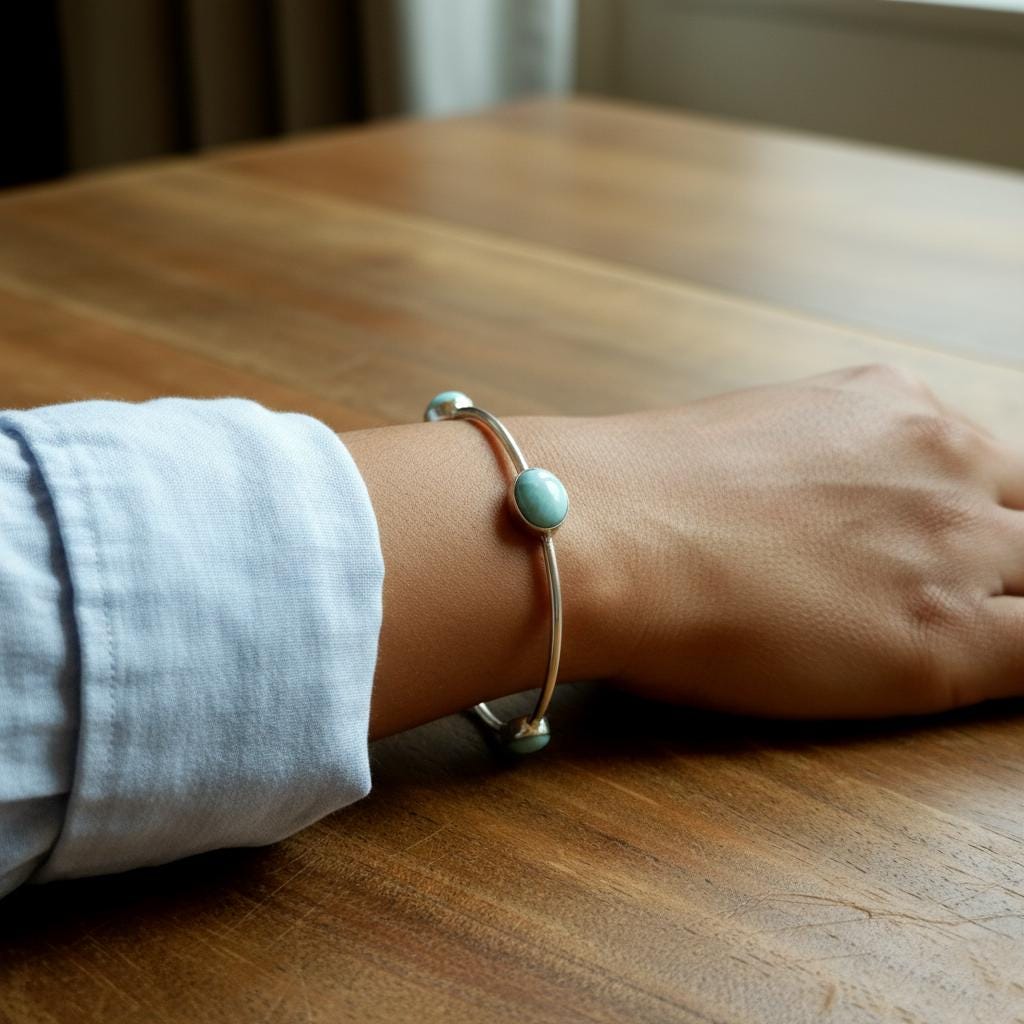 Larimar Bangle, Handmade Bangle, 925 Silver Bangle, Natural Larimar, Gemstone Bangle, Beautiful Ring, Boho Bangle, Larimar Jewelry, Gift Her