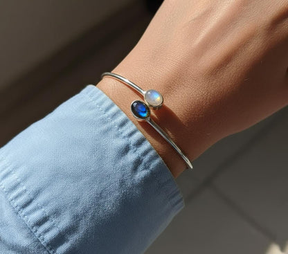 Moonstone, Labradorite Bangle, Natural Gemstone, Handmade Bangle, 925 Silver Bangle, Women Bangle, Dainty Bangle, Gemstone Bangle