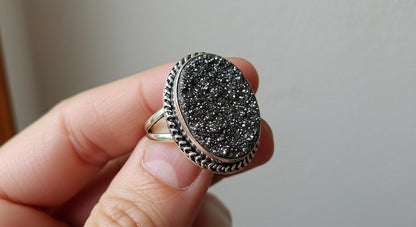 Black Druzy Statement Ring: Adjustable Sterling Silver Boho Jewelry