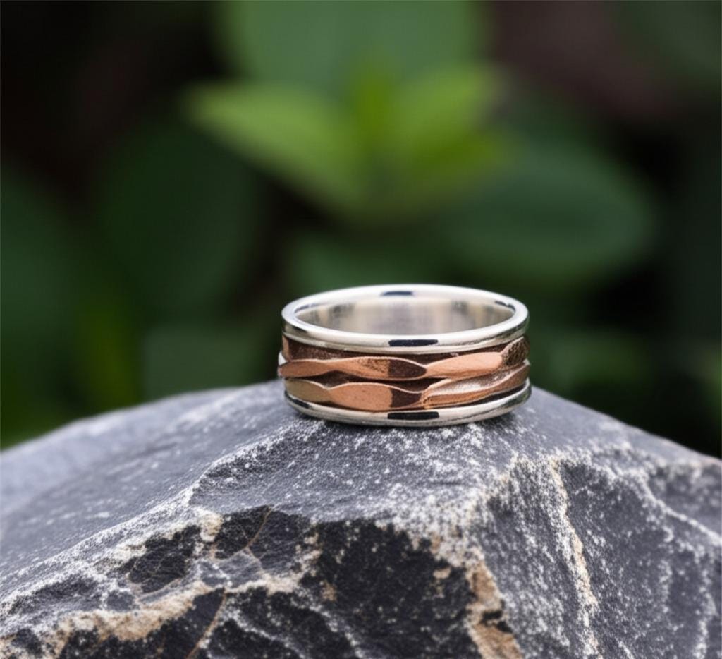 Spinner Ring, Solid 925 Sterling Silver, Ring For Gift Idea A unique and Stylish Silver Ring Wave Design Gold-Plated Bohemian Ring, Gift him