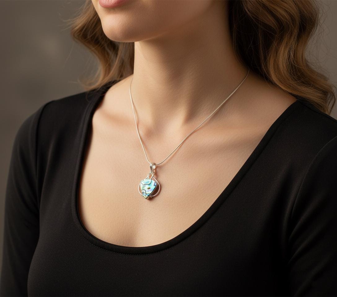 Abalone Shell Pendant in Sterling Silver | Handmade Ocean Jewelry | Iridescent Paua Shell Necklace Charm | Unique Boho Healing Pendant