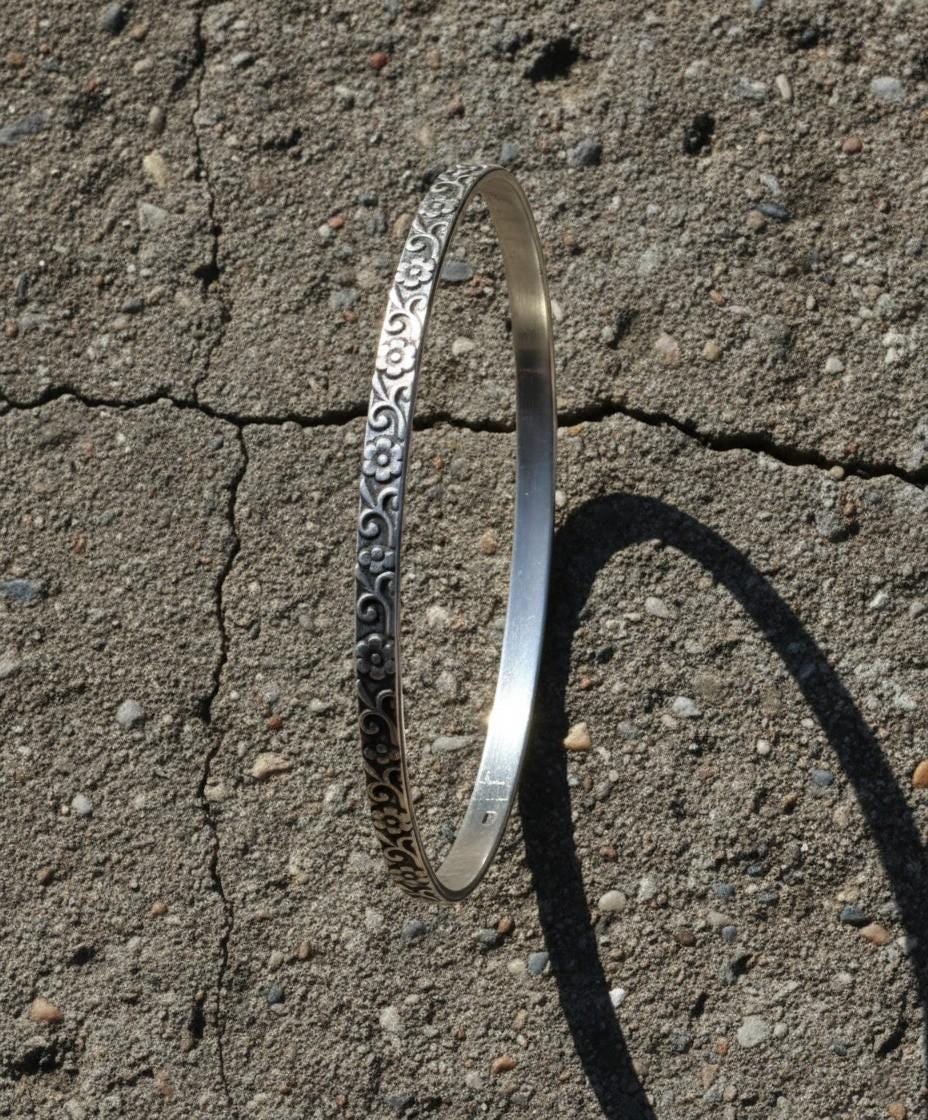 Sterling Silver Bangle | Floral Engraved Bracelet | Handmade Silver Jewelry | Minimalist Bangle for Women | Gift for Her