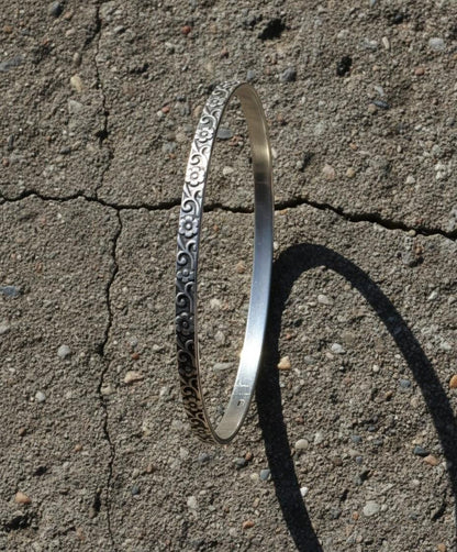 Sterling Silver Bangle | Floral Engraved Bracelet | Handmade Silver Jewelry | Minimalist Bangle for Women | Gift for Her