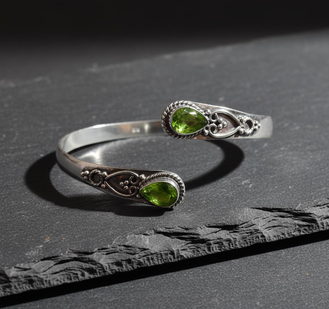 Handmade Silver Peridot Bangle - Ornate Sterling Silver Cuff | Artisanal Peridot Teardrop Bangle - Bohemian Silver Gemstone Bracelet