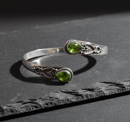 Handmade Silver Peridot Bangle - Ornate Sterling Silver Cuff | Artisanal Peridot Teardrop Bangle - Bohemian Silver Gemstone Bracelet