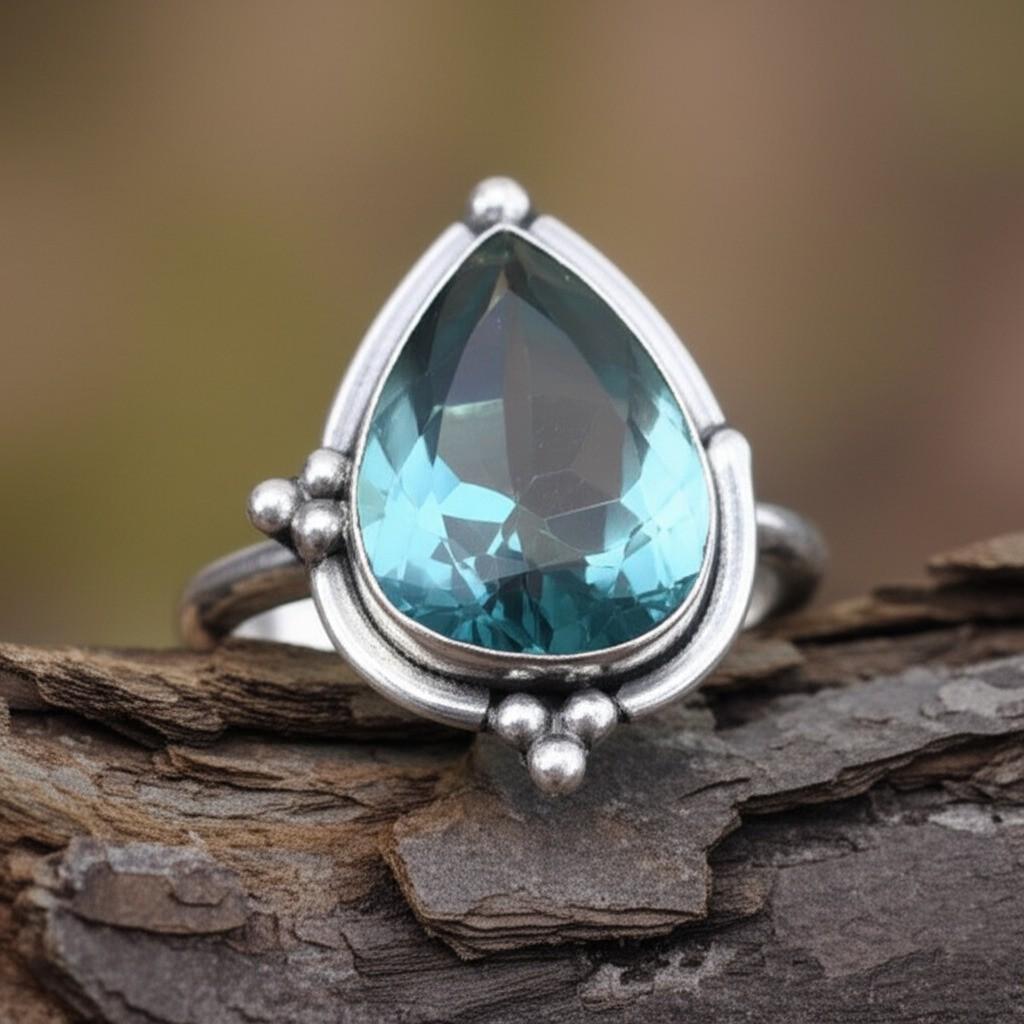 Handmade Aquamarine Ring for Women - Sterling Silver Teardrop Gemstone, Sterling Silver ring, Handmade Gift for Women, Clear stone Ring