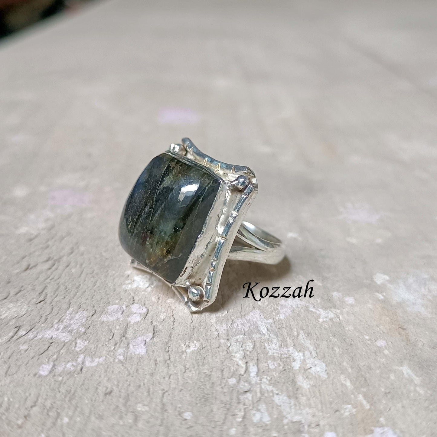 Labradorite Statement Ring | Rustic Sterling Silver Ring | Square Stone Viking Jewelry | Flashy Blue Fire Crystal Gift for Him/Her