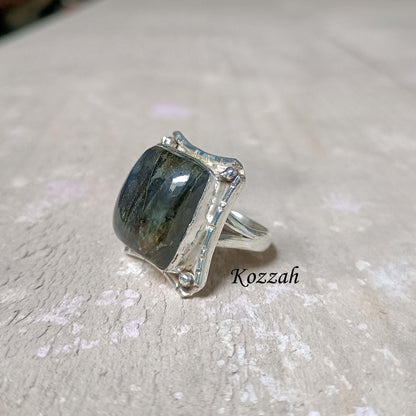 Labradorite Statement Ring | Rustic Sterling Silver Ring | Square Stone Viking Jewelry | Flashy Blue Fire Crystal Gift for Him/Her