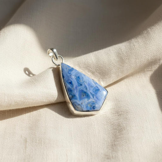 Blue and White Gemstone Square Pendant | Sterling Silver Cabochon Necklace, Handmade Design Pendent, Gift for her, Gemstone Pendent