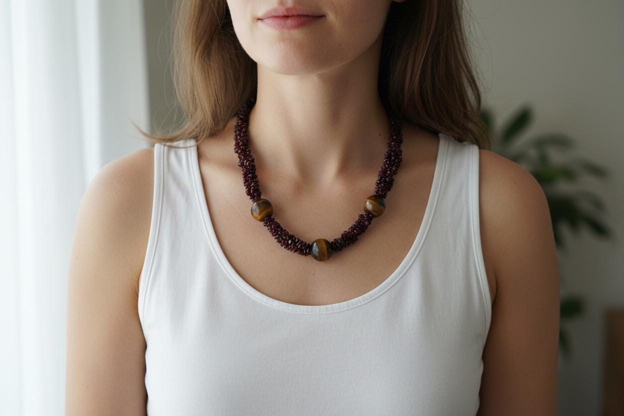 Elegant Black Agate and Tiger's Eye Necklace, Black Agate Necklace, Handmade Necklace Natural Agate Boho Necklace, Dark Red Necklace