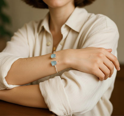 Dainty Aquamarine Bangle, Aquamarine Bangle, Handmade Bangle, 925 Silver Bangle Natural Aquamarine, Gemstone Bangle, Dainty Bangle, Gift Her