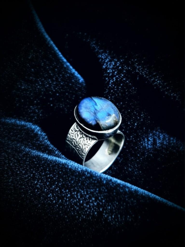 Blue Gemstone Ring | Sterling Silver Band with Engraved Pattern | Oval Cabochon Statement Ring | Handmade Artisan Jewelry | Gift for her