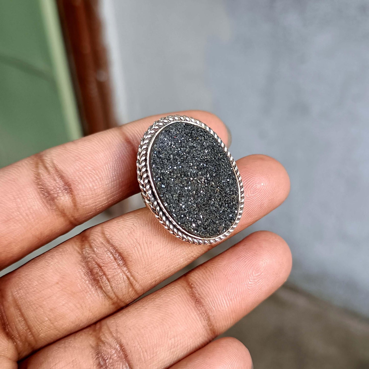 Black Druzy Statement Ring: Adjustable Sterling Silver Boho Jewelry