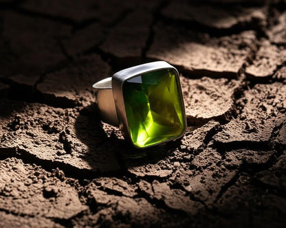 Men's Green Gemstone Ring | Rectangular Peridot Style Ring in Silver Band | Bold Statement Jewelry for Him | Modern Geometric Cut Ring |Gift