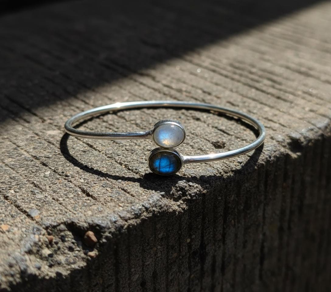 Moonstone, Labradorite Bangle, Natural Gemstone, Handmade Bangle, 925 Silver Bangle, Women Bangle, Dainty Bangle, Gemstone Bangle