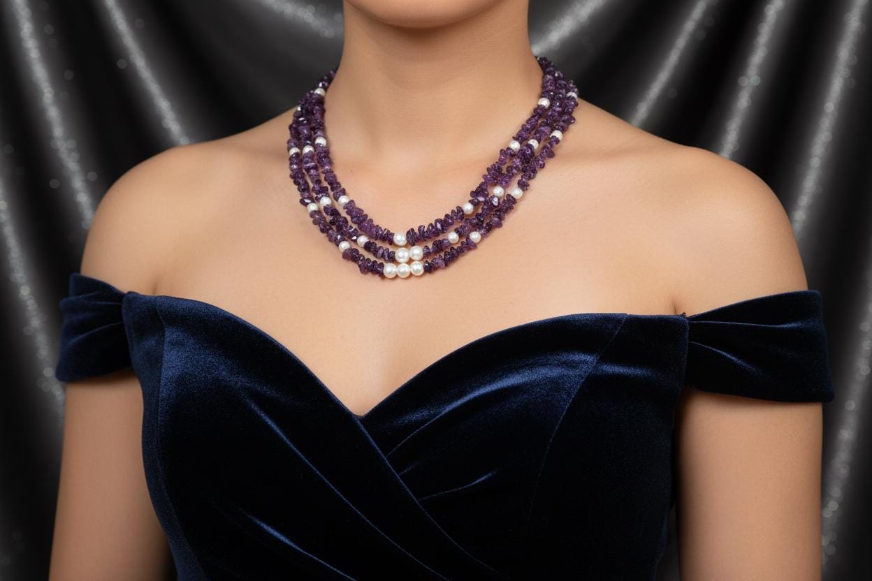Amethyst and White Glass Pearl Multistrand Necklace – Handmade Beaded Gemstone Statement Necklace, Elegant Purple Jewelry Gift for Her