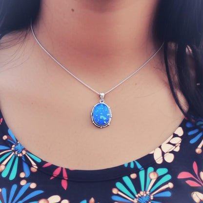 Mystic Blue Opal Pendant: Sterling Silver Bezel, Statement Necklace
